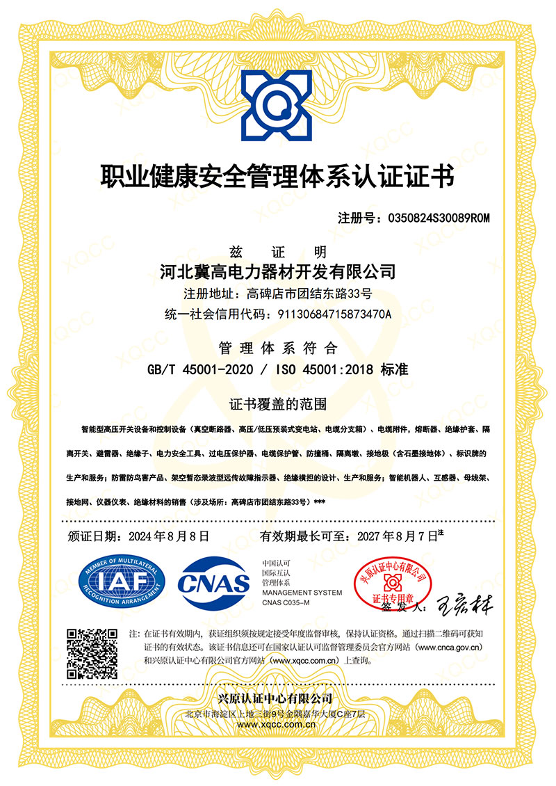 职业健康安全管理体系认证证书